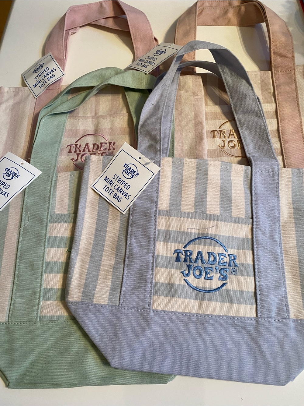 Trader Joe’s iconic Striped Mini Canvas Tote Bags - lot of 4 pastels New